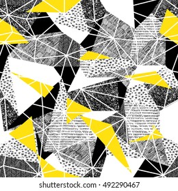 Geometric seamless pattern in retro style. Vintage background.Triangles and hand drawn patterns. Low poly seamless repeat pattern. Vector pattern. Black and Yellow Wireframe Background