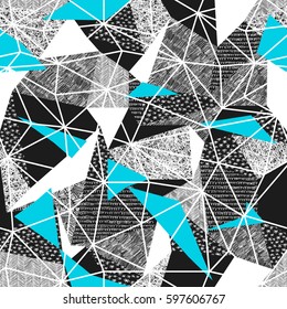 Geometric seamless pattern in retro style. Vintage background.Triangles and hand drawn patterns. Low poly seamless repeat pattern. Triangular facets. Vector pattern. Cyan Triangles