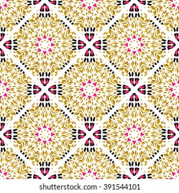 Geometric seamless pattern. Rhombus ornament. Ethnic style. Tile design. Arabian motif. Gold, black, pink colors.