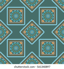 geometric seamless pattern, rhombus with an unusual pattern in the inside on a blue background, vector illustration