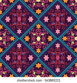 geometric seamless pattern, rhombus with an unusual pattern on purple background, vector illustration