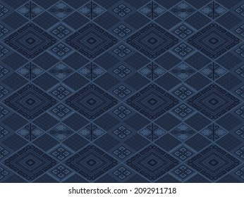 Patrón geométrico sin fisuras con rhombus, nudo y punto sin fin. Elementos azul claro y oscuro sobre fondo índigo. Ilustración vectorial. Para camisa tela textil seda pañuelo bandana papel tapiz estuche móvil 