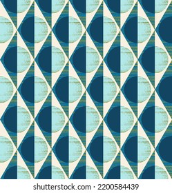 Geometric seamless pattern of rhombuses, triangles and circles in bluegreen, yellowgreen, cream and light blue. Design for wallpaper, wrapping products, textiles, fabrics.
