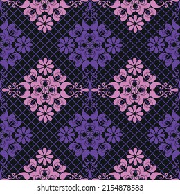 Geometric seamless pattern with rhombuses from vintage scrolls on a dark violet background. Vector eps 10