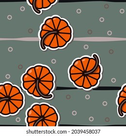 Geometric seamless pattern "Rich harvest. Bright pumpkins ”. Geometric seamless pattern with the image of large ripe pumpkins. The pattern symbolizes autumn. A time of bright colors, rich harvests.