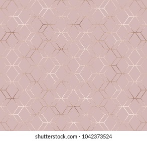 Geometric Seamless Pattern With Rose Gold Hexagon Tiles And Golden Glitter Texture.