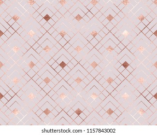 Geometric seamless pattern with rose gold rhombuses tiles.