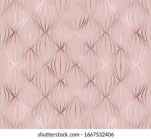 Geometric seamless pattern with rose gold oval tiles.