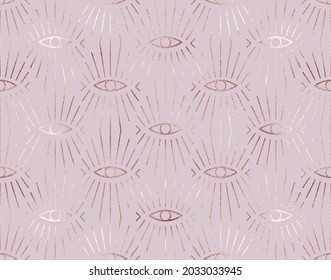 Geometric seamless pattern with rose gold evil eye tiles.