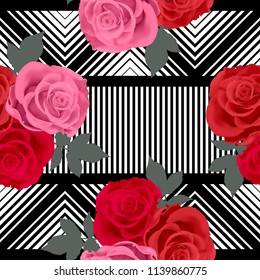 Geometric seamless pattern with roses background