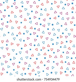 Geometric seamless pattern. Round spots and outlines of triangles drawn by hand. Sketch, doodle. Color vector illustration.