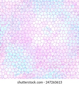 Geometric seamless pattern of rounded poligons. Vector abstract background of mosaic for your design. Pastel tones (pink, white, purple, blue). 