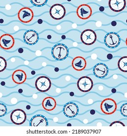 geometric seamless pattern of sailing icons with blue dots and waves.