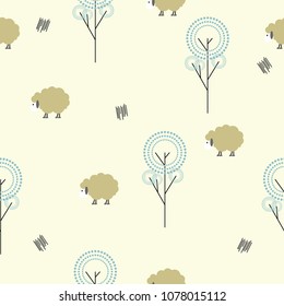Geometric seamless pattern in scandinavian style. Simple flat trees, sheep and doodle elements. Map texture. Minimalist vector background for your design.