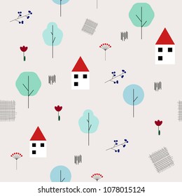Geometric seamless pattern in scandinavian style. Simple flat house, trees, berries, grass, flowers and doodle elements. Map texture. Minimalist vector background for your design.