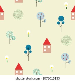 Geometric seamless pattern in scandinavian style. Simple flat house, trees, fruit trees, flowers and doodle elements. Map texture. Minimalist vector background for your design.