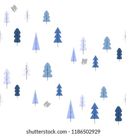 Geometric seamless pattern in scandinavian style. Simple flat fir trees and pines on white. Map texture. Minimalist vector background for your design.