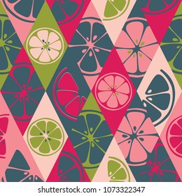 Geometric seamless pattern set background colorful fresh citrus juicy fruits of orange, grapefruit, lemon, lime. Vector 8EPS file use for package, website design. Modern art style illustration texture