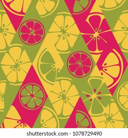 Geometric seamless pattern set background colorful fresh citrus juicy fruits of orange, grapefruit, lemon, lime. Vector file use for package, print textile. Modern art style illustration texture.