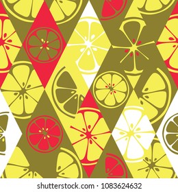 Geometric seamless pattern set background colorful fresh citrus juicy fruits of orange, grapefruit, lemon, lime. Vector 8EPS file use for package, website design. Modern art style illustration texture