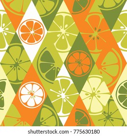 Geometric seamless pattern set background colorful fresh citrus juicy fruits of orange, grapefruit, lemon, lime. Vector 8EPS file use for package, website design. Modern art style illustration texture