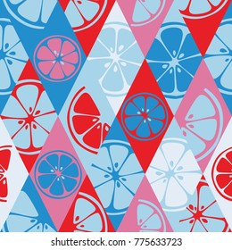 Geometric seamless pattern set background colorful fresh citrus juicy fruits of orange, grapefruit, lemon, lime. Vector 8EPS file use for package, website design. Modern art style illustration texture