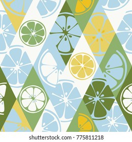 Geometric seamless pattern set background colorful fresh citrus juicy fruits of orange, grapefruit, lemon, lime. Vector 8EPS file use for package, website design. Modern art style illustration texture