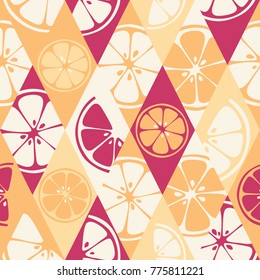 Geometric seamless pattern set background colorful fresh citrus juicy fruits of orange, grapefruit, lemon, lime. Vector 8EPS file use for package, website design. Modern art style illustration texture