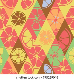 Geometric seamless pattern set background colorful fresh citrus juicy fruits of orange, grapefruit, lemon, lime. Vector 8EPS file use for package, website design. Modern art style illustration texture
