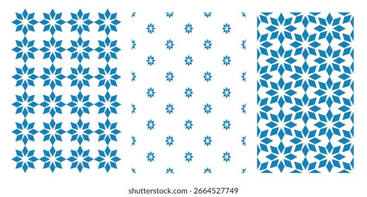 Geometric Seamless Pattern Set Blue White Abstract Repeating Background Vector – Modern Decorative Symmetry Textile, Tile, Fabric, Wallpaper, Graphic Design Motifs for Art, Fashion, and Interior Decor