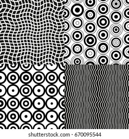 Geometric seamless pattern set. Circles, check, vertical waved lines. Black and white. Vector