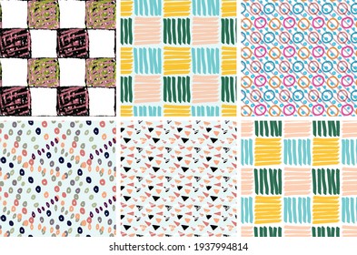 Geometric seamless pattern set with rough brush strokes. Bright artistic paint texture. Marker and ink blobs background. Kids drawing childish style art. Abstract universal wallpaper or packaging design.