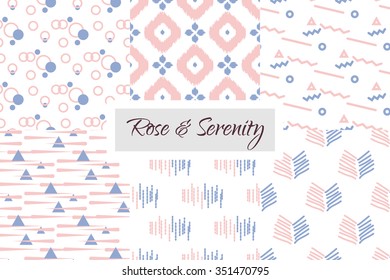 Geometric seamless pattern set in trendy rose and violet color of the year 2016. Abstract simple zigzag line and circles design. Rose quartz and serenity violet colors.