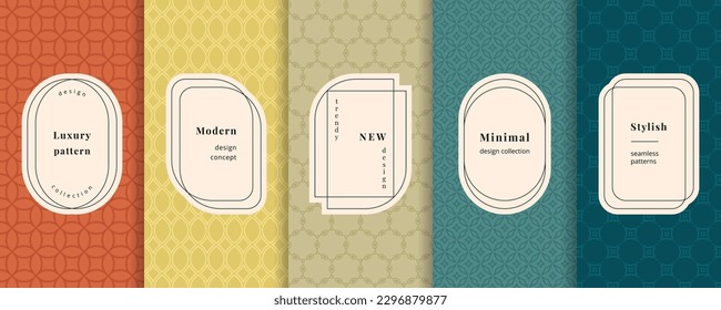 Geometric seamless pattern set. Vector collection of vintage backgrounds with elegant minimal labels. Abstract line ornament textures. Trendy pastel color palette. Design for print, decor, package