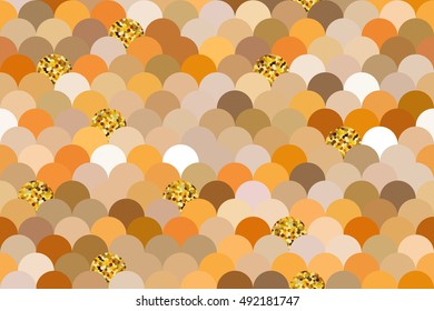 Geometric seamless pattern, shades of orange and glitter gold circles. Abstract vintage print squama, fish scale background, cards template, invitation, wedding, New Year, Christmas, vector EPS8