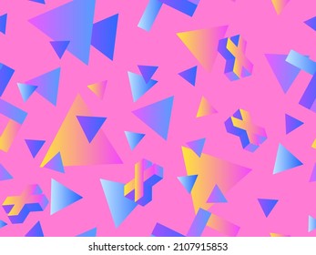 Geometric seamless pattern with geometric shapes with gradient. Memphis in the style of the 80s. Blue, yellow and pink gradient. Triangles and three-dimensional crosses. Vector illustration