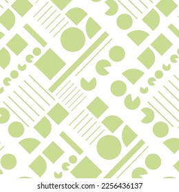 Geometric seamless pattern of shapes-circles, squares and lines. Abstract vector background of light green color for fabric, paper.