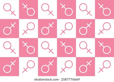 Geometric Seamless pattern with sign Venus. Cute square icons in white and pink color background symbol of feminine. Girly flat illustration. Mosaic trendy endless wallpaper print textile girl power