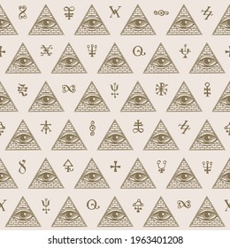 Geometric seamless pattern with signs of an all-seeing eye inside a triangular pyramid and magic symbols on a light backdrop. Vector background with a hand-drawn third eye in retro style