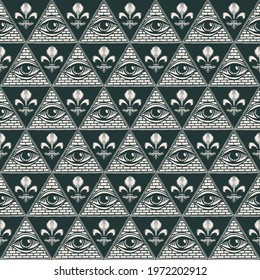 Geometric seamless pattern with signs of an all-seeing eye and fleur de lys on a dark backdrop. Vector hand-drawn background with a third eye inside a triangular pyramid in vintage style