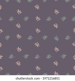 Geometric seamless pattern with simple floral leaf branches silhouettes print. Purple background. Little ornament. Perfect for fabric design, textile print, wrapping, cover. Vector illustration.
