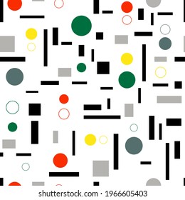 Geometric Seamless Pattern. Simple template for paper, fabric, print, banner, poster. Modern abstract background with rings, circles, squares and lines. Vector texture in trendy minimal style