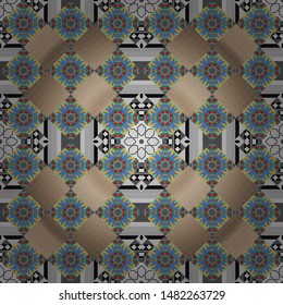 Geometric seamless pattern. Sketch in beige, gray and blue colors. Design elements. Abstract mosaic vector background.