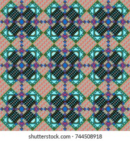 Geometric seamless pattern. Sketch in blue, beige and green colors. Design elements. Abstract mosaic vector background.