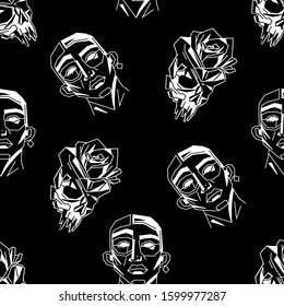 Geometric seamless pattern skull with rose and face. Sketch for tattoo.Vector white skull and abstract face on black background.Modern minimalism art style.