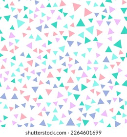 Geometric seamless pattern of small green, turquoise, pink, purple triangles for textile, paper and other surfaces