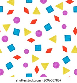 Geometric seamless pattern with small hand painted colorful geometric shapes on white background. Illustration for textile, print, etc.