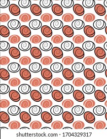 Geometrisches nahtloses Muster von kleinen Steinen mit Spiralverzierung. Terrakota, schwarz-weiß Farben. Einfache geometrische Hintergrund