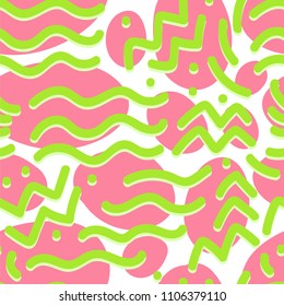 Geometric seamless pattern with solid smooth lines, waves, zig zags and round shapes and doodles. Hand drawn tile abstract art design for background, endless texture.