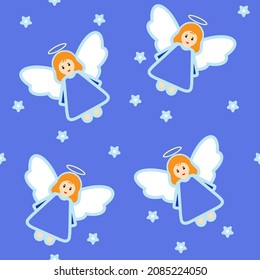 Geometric seamless pattern "Songs of Angels". A delicate pattern of beautiful angels singing among the stars is an image of the upcoming holidays.